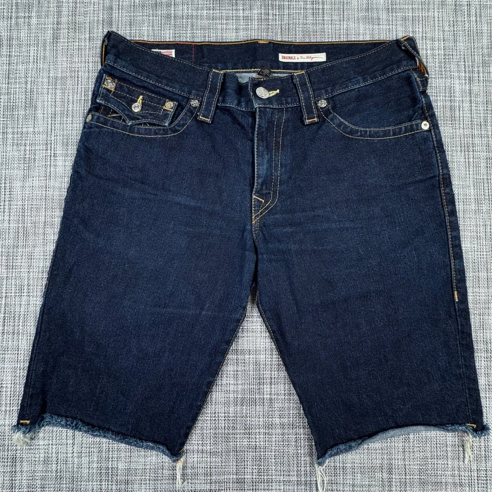 True Religion Men's 34 Ricky Cut Off Denim Shorts Horseshoe Flap Pocket Made USA